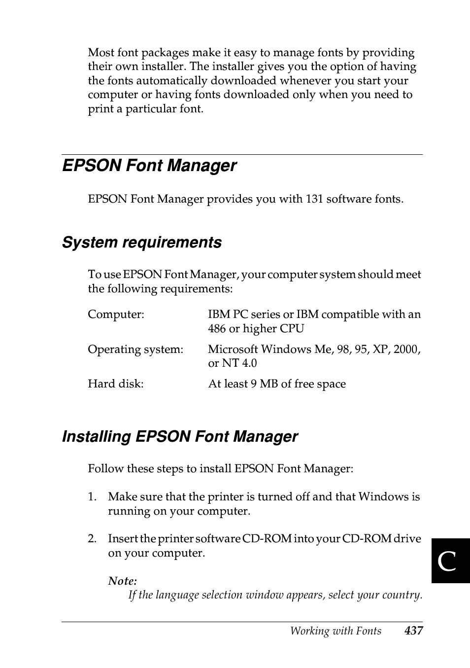 Epson font manager, System requirements, Installing epson font manager | System requirements installing epson font manager | Epson EPL-N7000 User Manual | Page 448 / 496