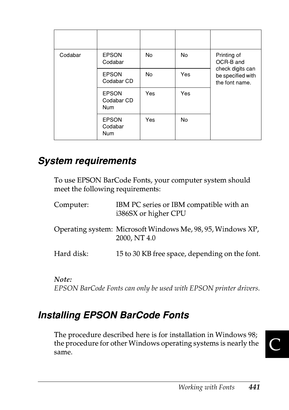 System requirements, Installing epson barcode fonts, System requirements installing epson barcode fonts | Epson EPL-N7000 User Manual | Page 452 / 496