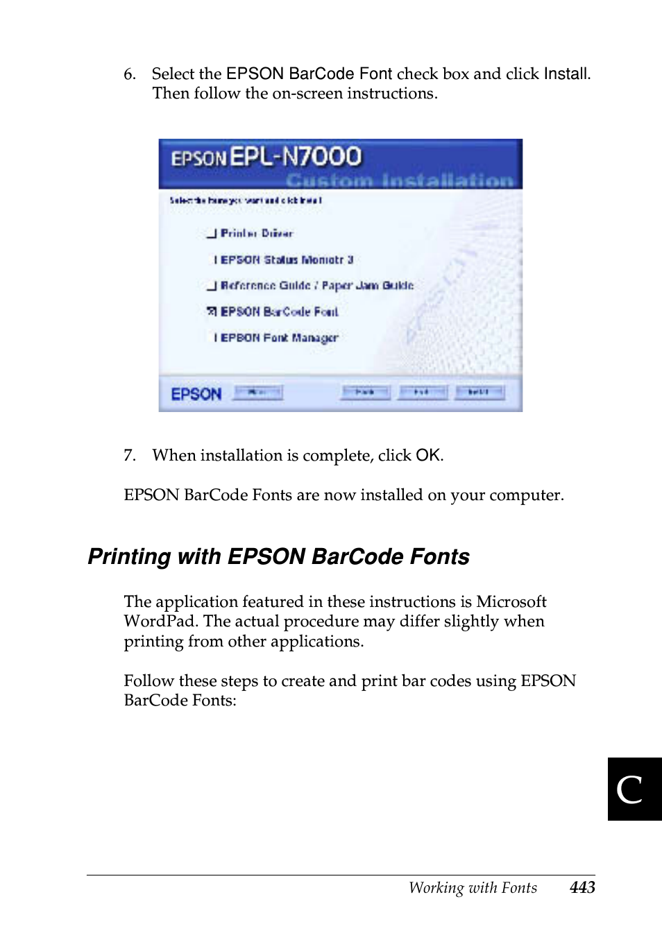 Printing with epson barcode fonts | Epson EPL-N7000 User Manual | Page 454 / 496