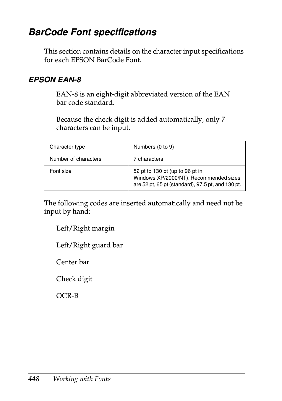 Barcode font specifications | Epson EPL-N7000 User Manual | Page 459 / 496