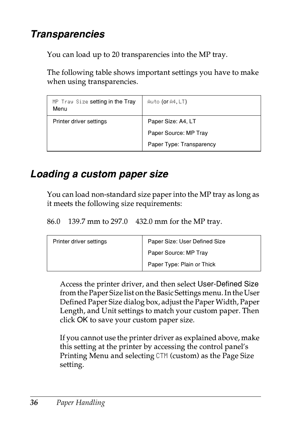 Transparencies, Loading a custom paper size, Transparencies loading a custom paper size | Epson EPL-N7000 User Manual | Page 47 / 496