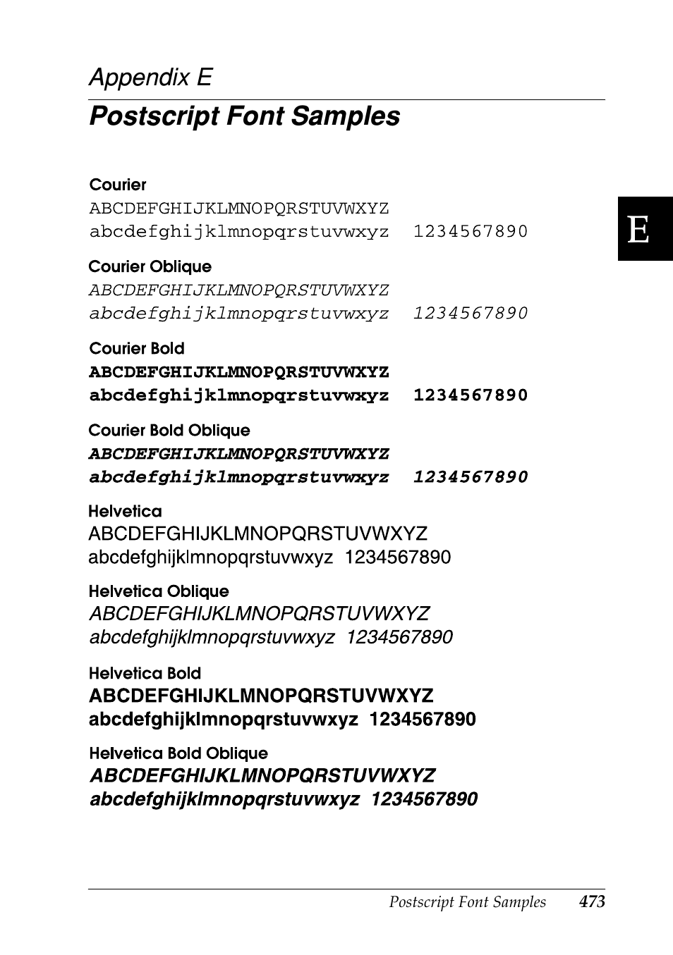 Postscript font samples, Appendix e posts | Epson EPL-N7000 User Manual | Page 482 / 496