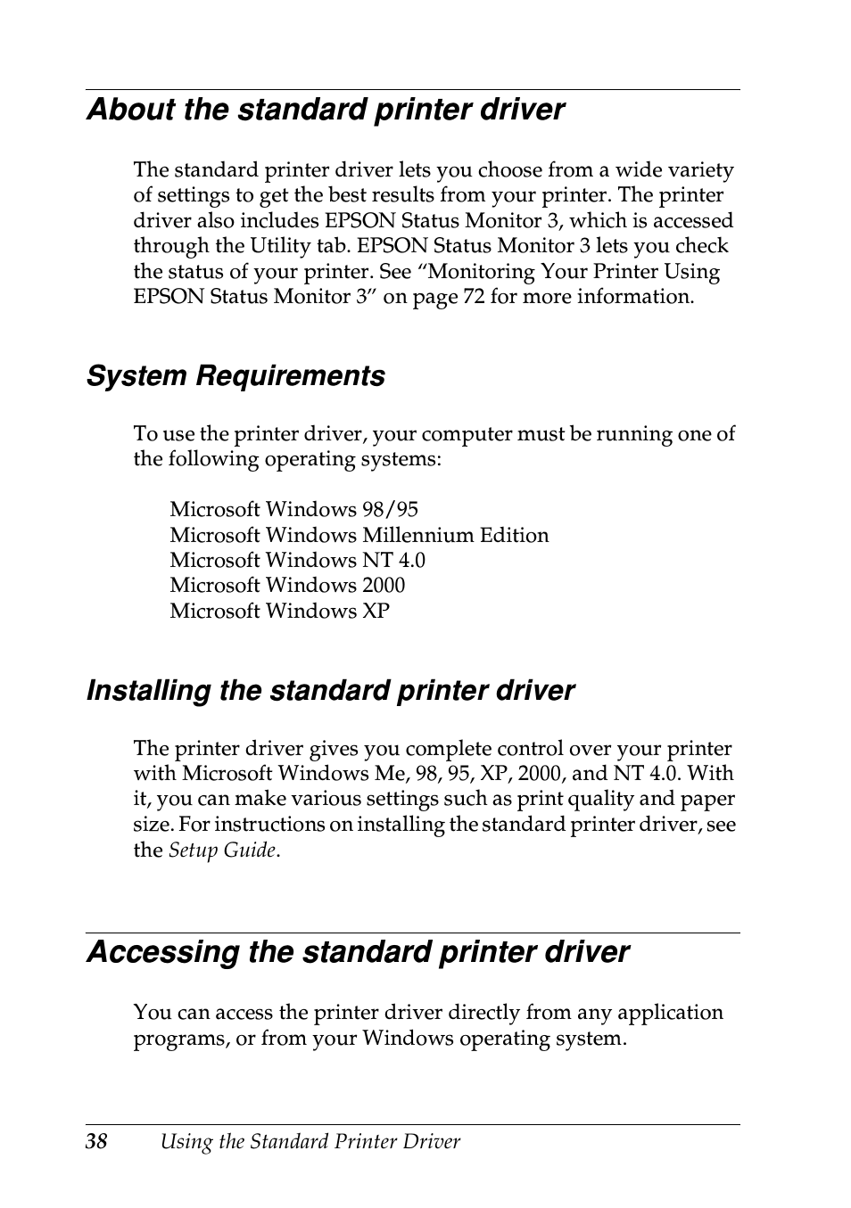 About the standard printer driver, System requirements, Installing the standard printer driver | Accessing the standard printer driver | Epson EPL-N7000 User Manual | Page 49 / 496