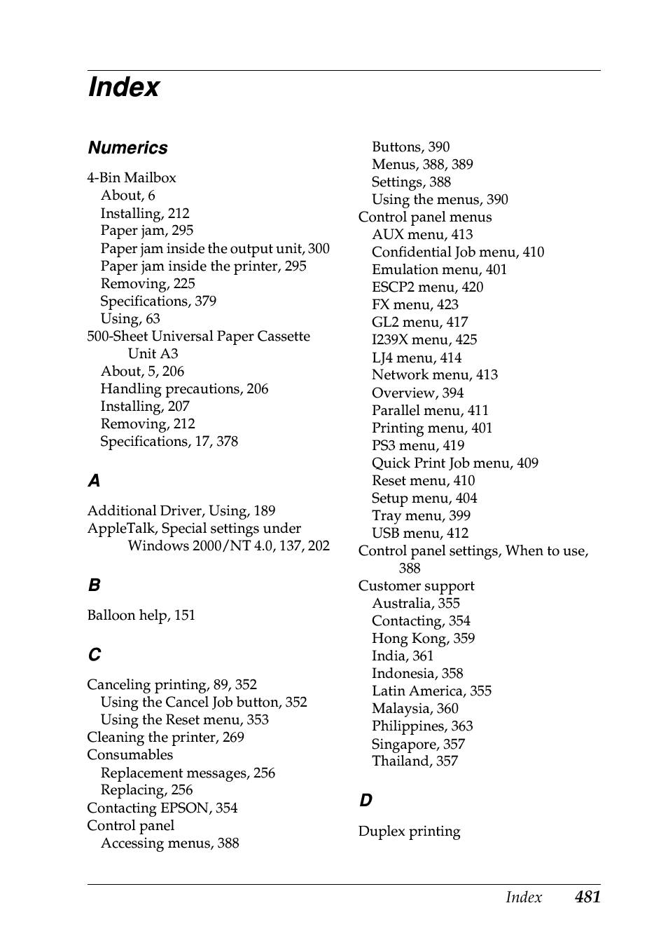Index | Epson EPL-N7000 User Manual | Page 490 / 496