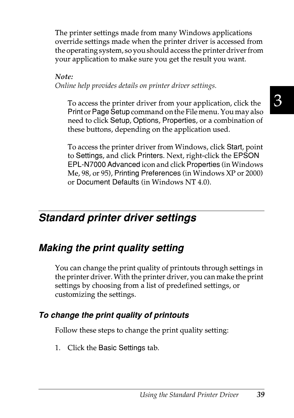 Standard printer driver settings, Making the print quality setting | Epson EPL-N7000 User Manual | Page 50 / 496