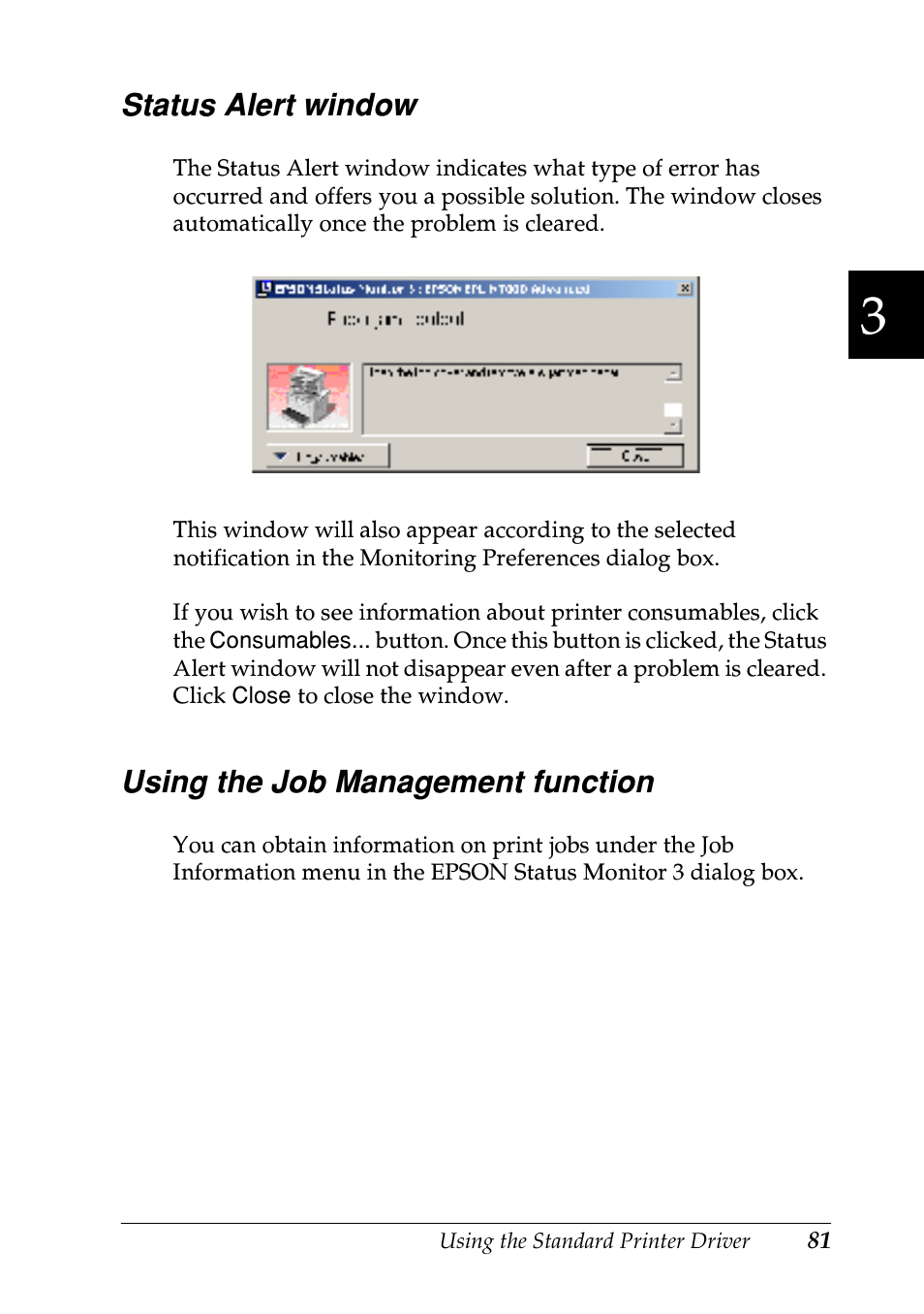 Status alert window, Using the job management function | Epson EPL-N7000 User Manual | Page 92 / 496