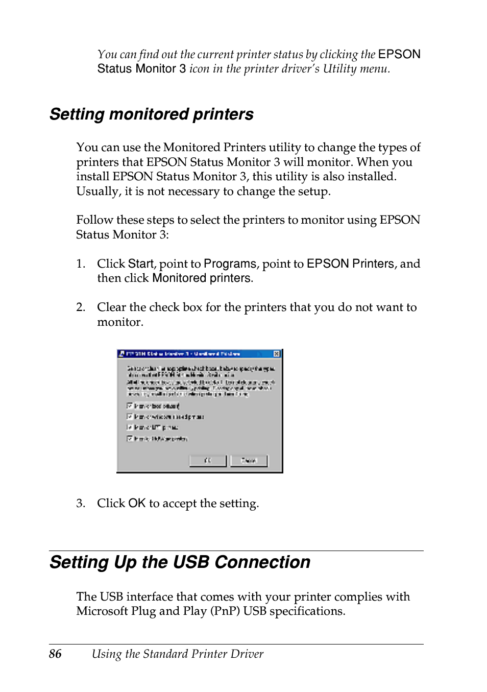 Setting monitored printers, Setting up the usb connection | Epson EPL-N7000 User Manual | Page 97 / 496