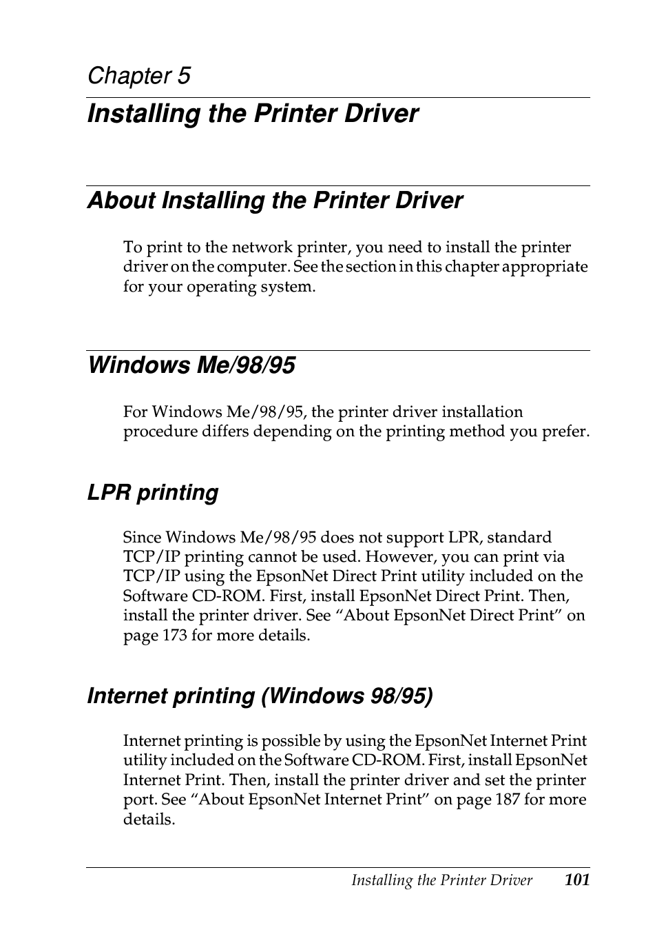 Installing the printer driver, About installing the printer driver, Windows me/98/95 | Lpr printing, Internet printing (windows 98/95), Chapter 5, Lpr printing internet printing (windows 98/95), Ee “about installing the printer driver” fo | Epson EPL-N7000 User Manual | Page 101 / 274
