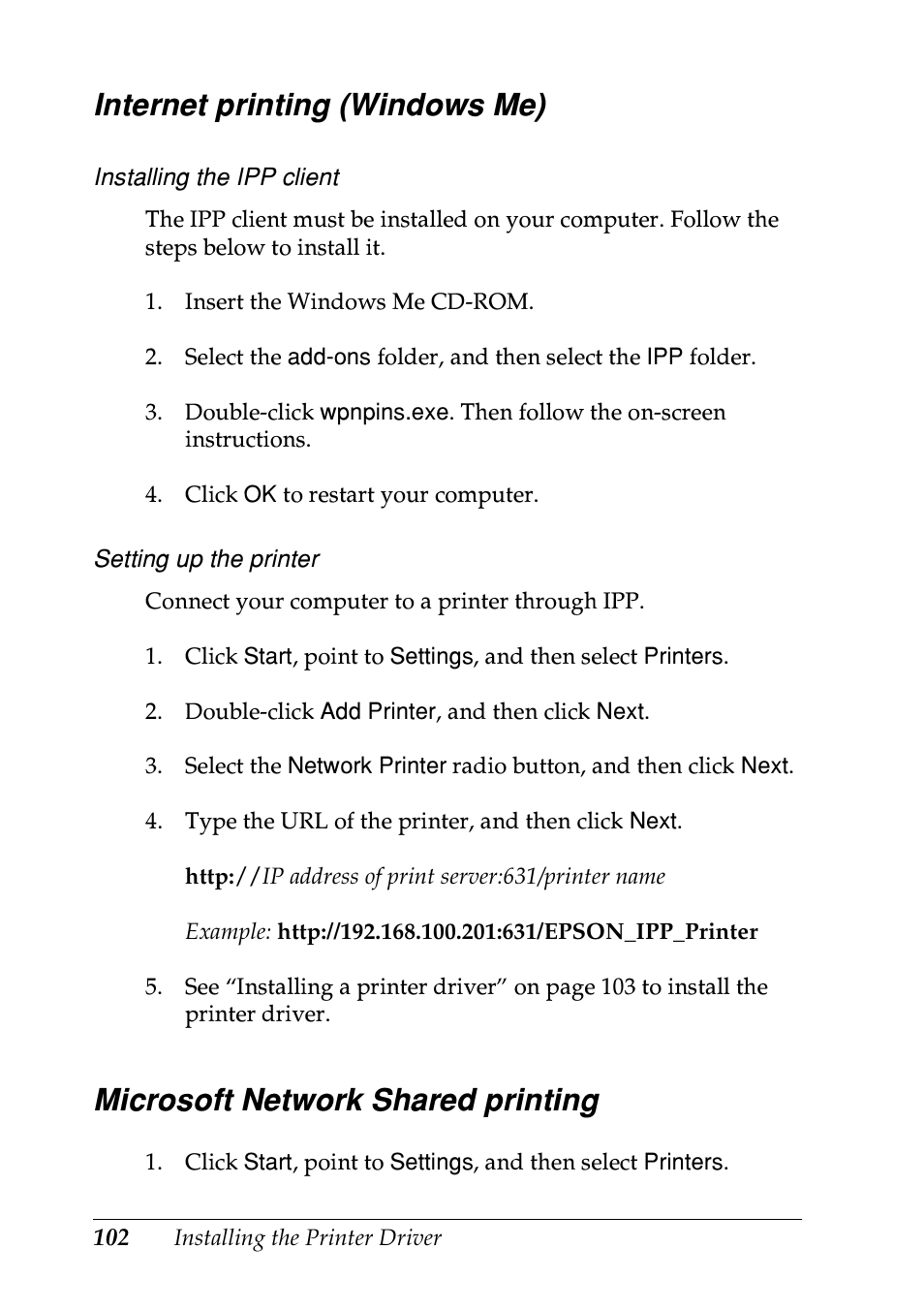 Internet printing (windows me), Microsoft network shared printing | Epson EPL-N7000 User Manual | Page 102 / 274
