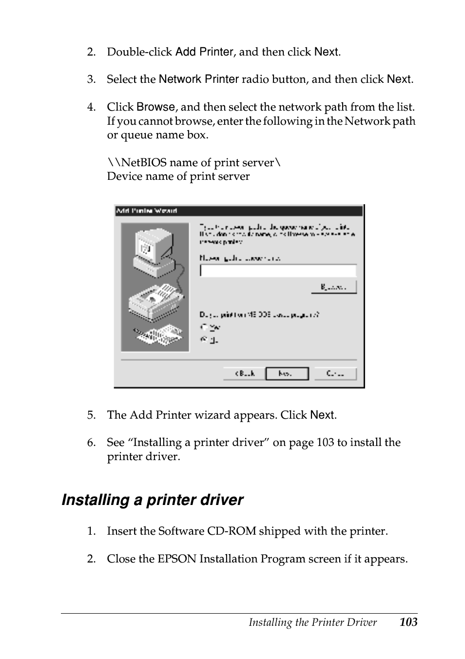 Installing a printer driver | Epson EPL-N7000 User Manual | Page 103 / 274