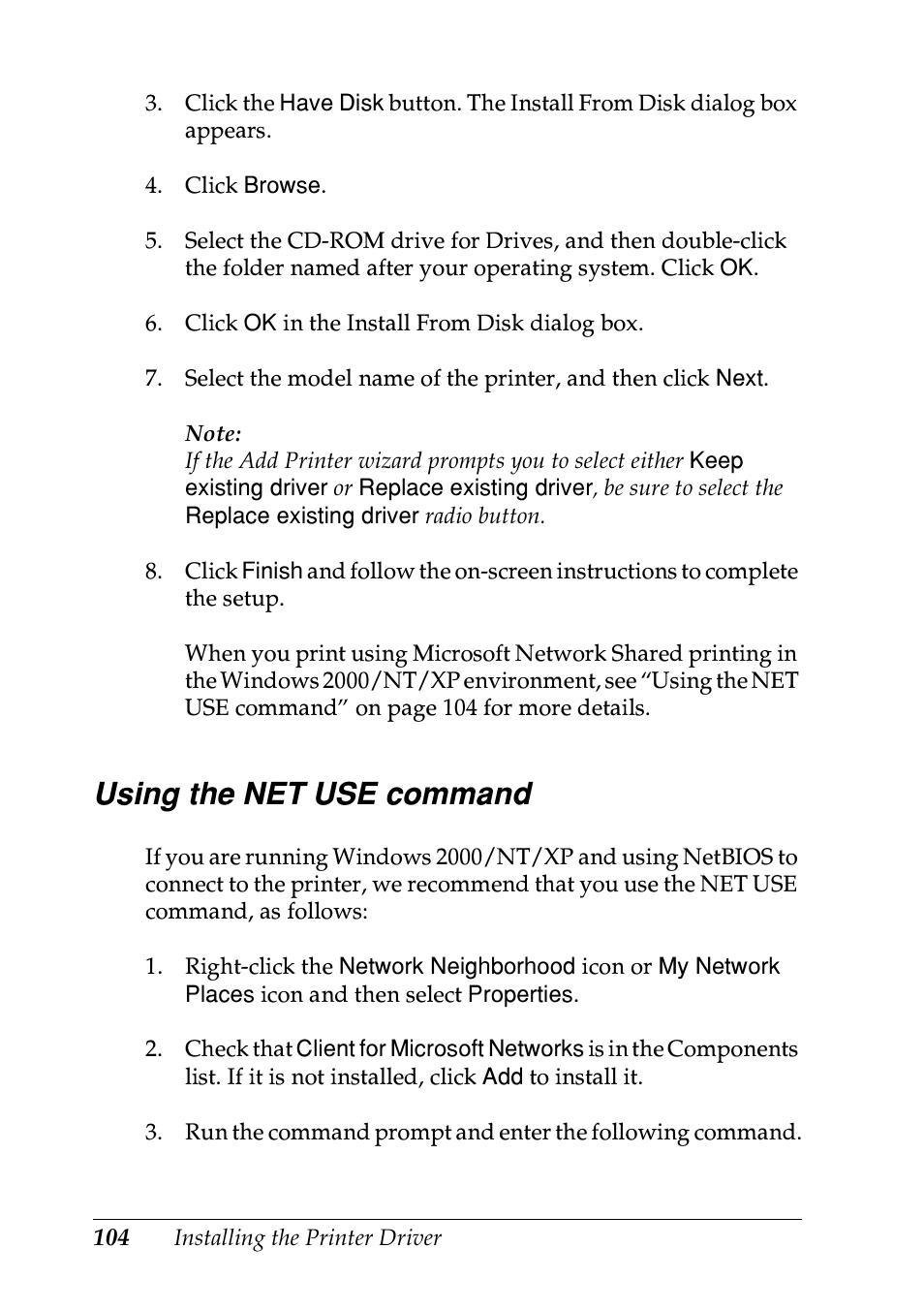 Using the net use command | Epson EPL-N7000 User Manual | Page 104 / 274