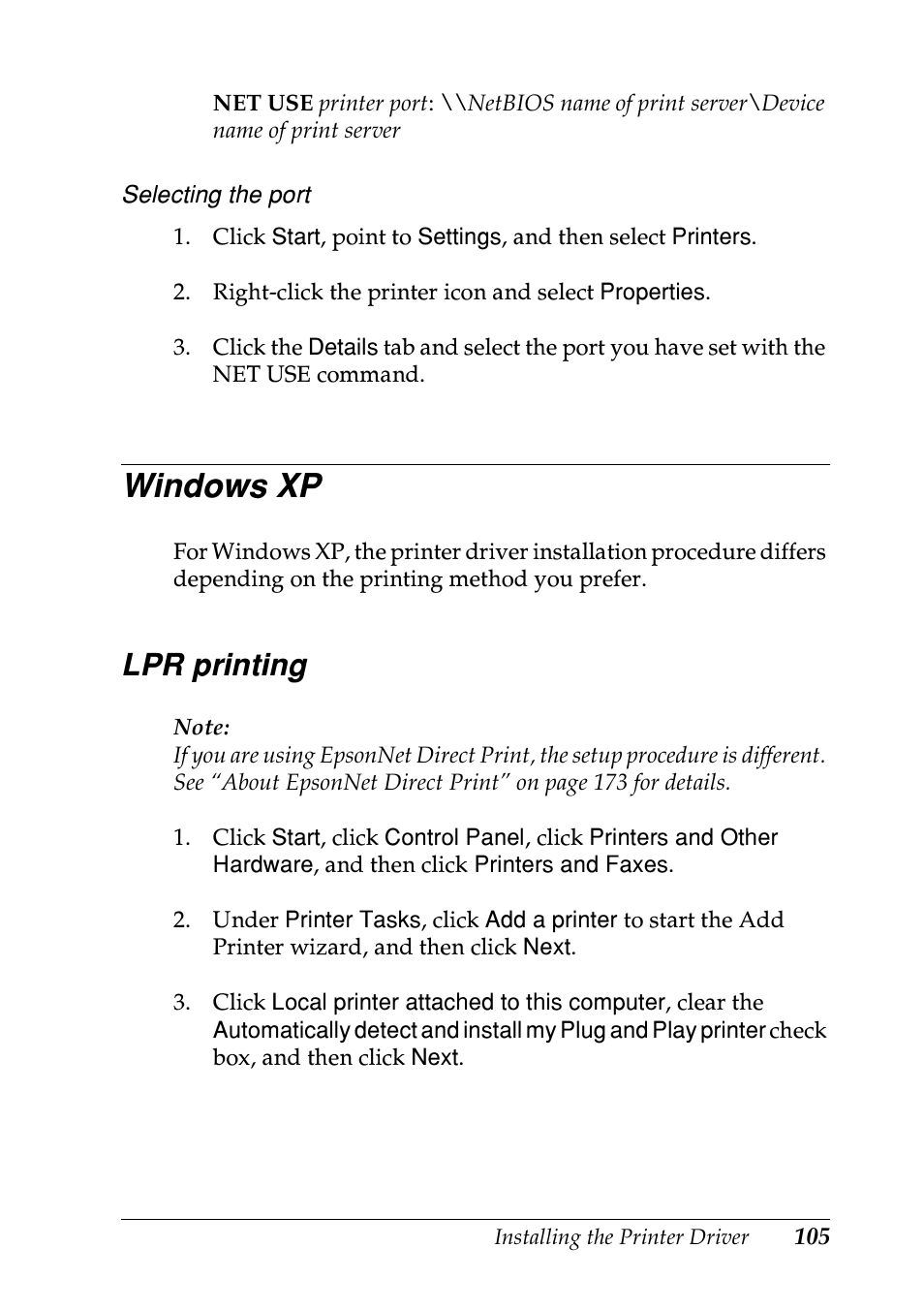 Windows xp, Lpr printing | Epson EPL-N7000 User Manual | Page 105 / 274