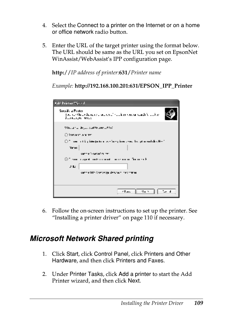 Microsoft network shared printing | Epson EPL-N7000 User Manual | Page 109 / 274