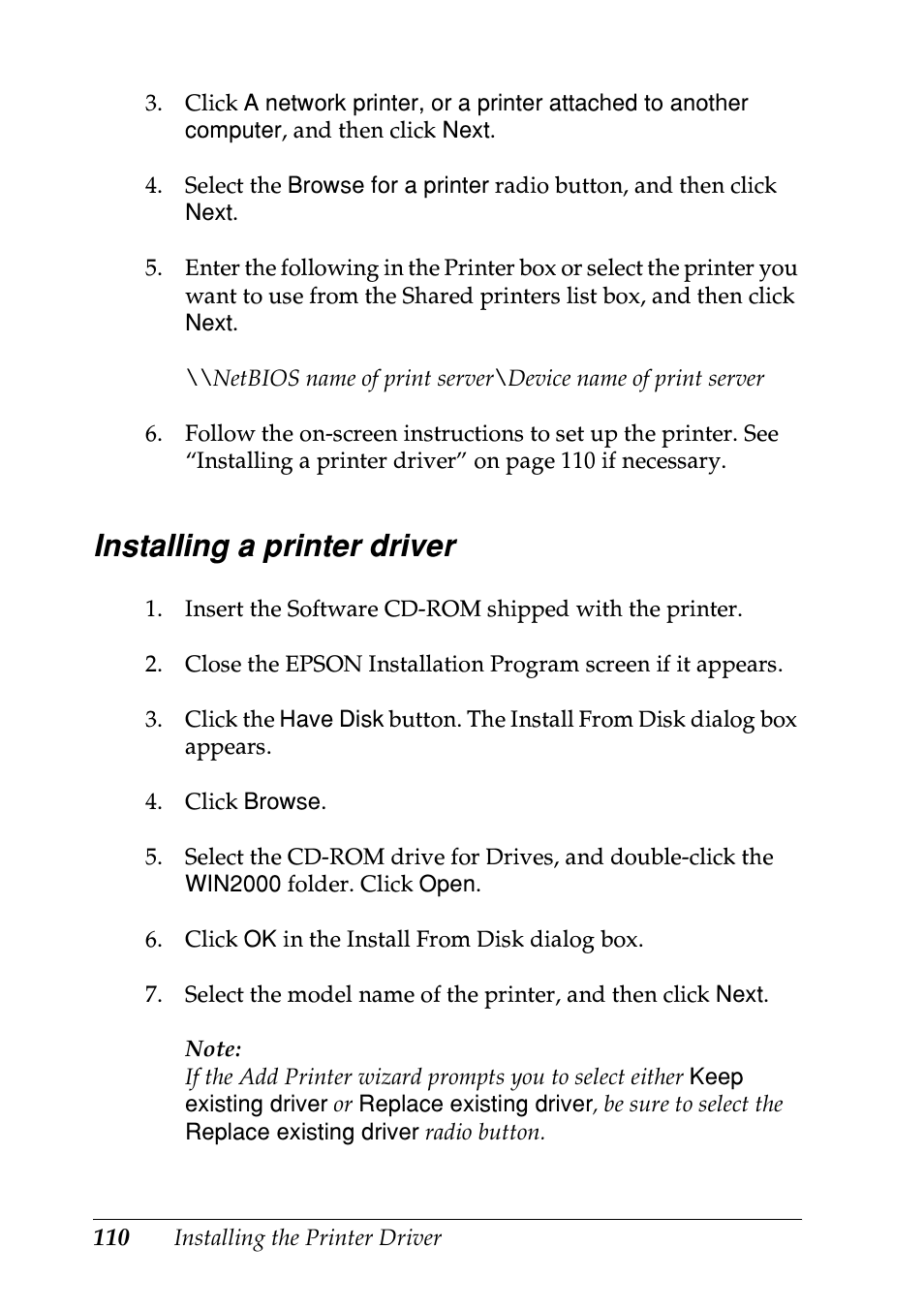 Installing a printer driver | Epson EPL-N7000 User Manual | Page 110 / 274