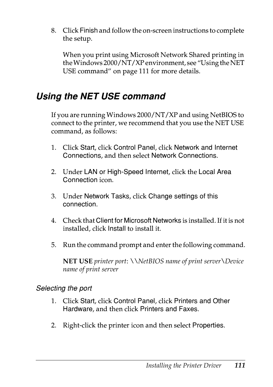 Using the net use command | Epson EPL-N7000 User Manual | Page 111 / 274