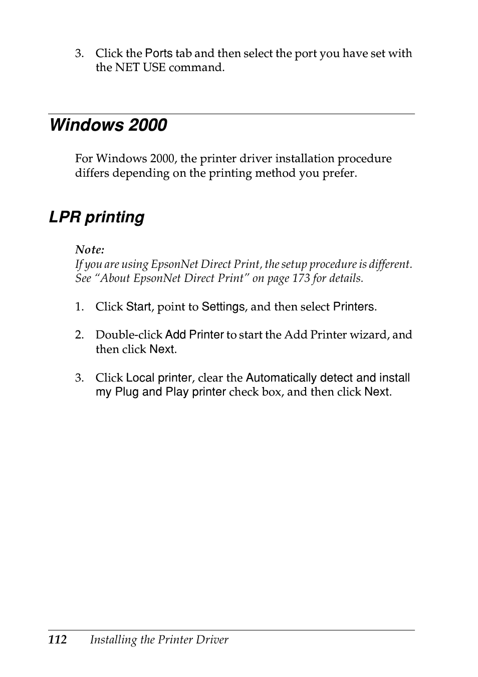 Windows 2000, Lpr printing | Epson EPL-N7000 User Manual | Page 112 / 274
