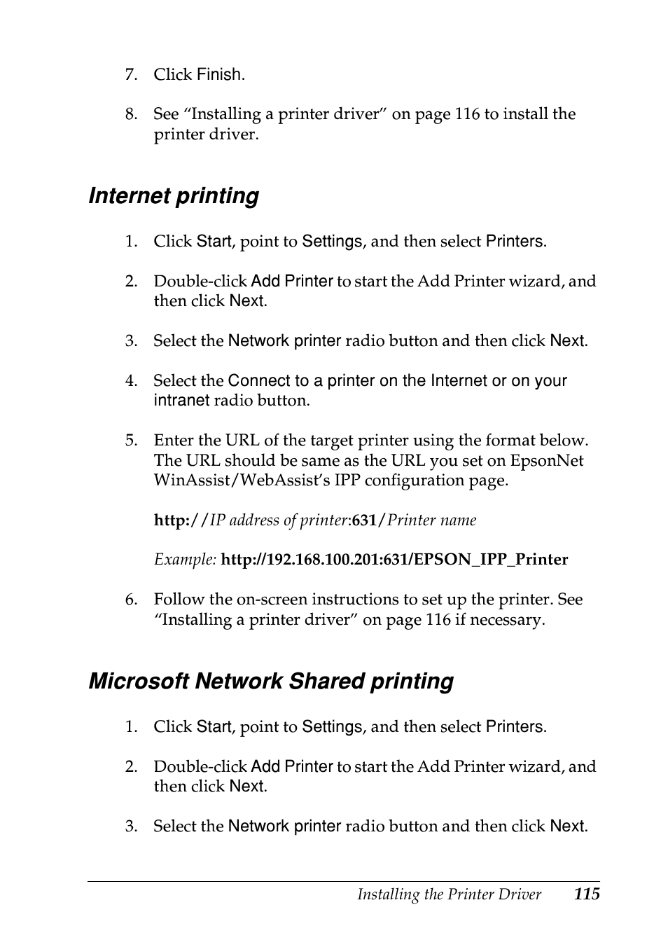 Internet printing, Microsoft network shared printing | Epson EPL-N7000 User Manual | Page 115 / 274