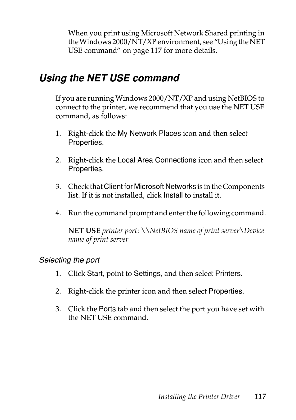 Using the net use command | Epson EPL-N7000 User Manual | Page 117 / 274