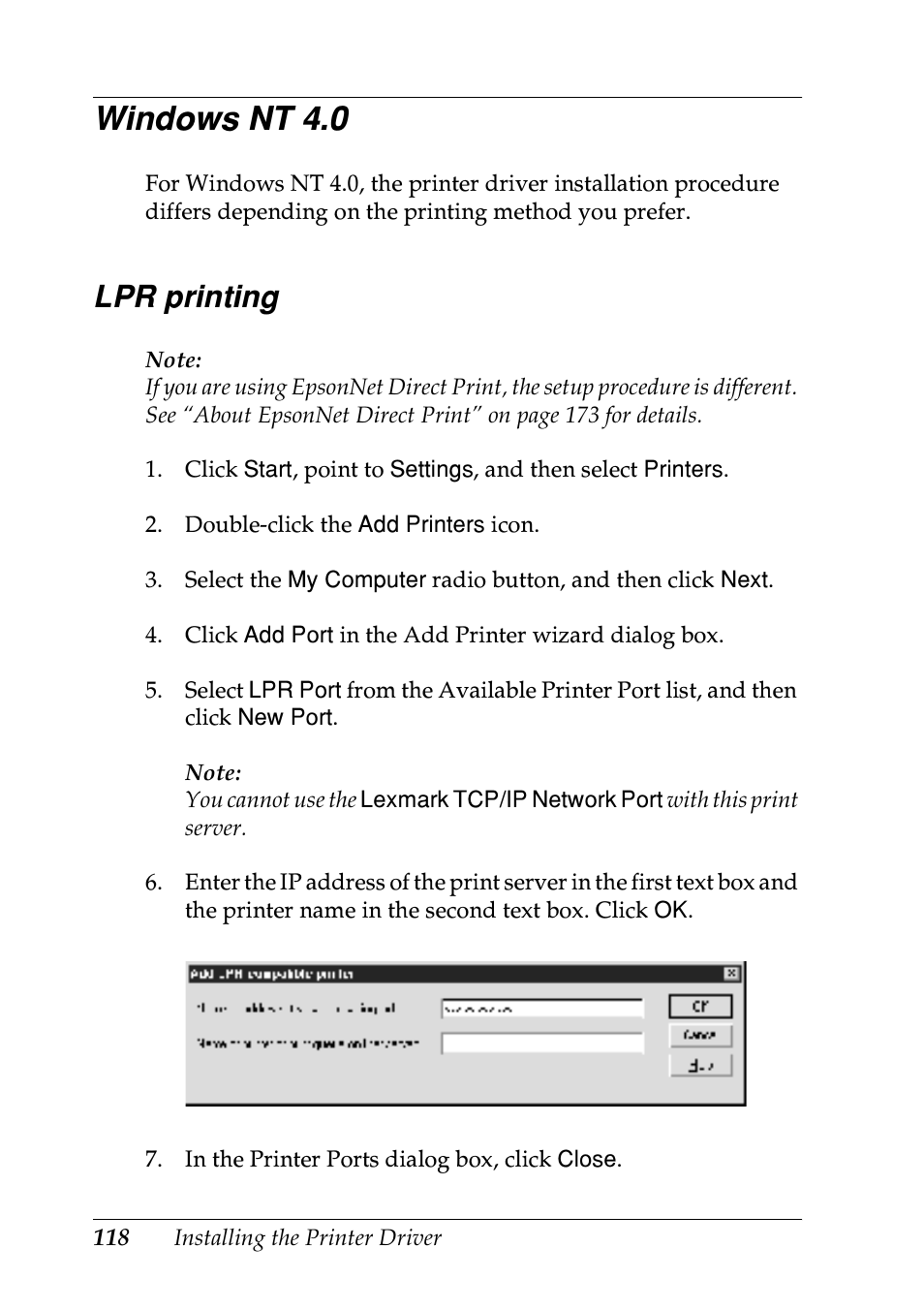 Windows nt 4.0, Lpr printing | Epson EPL-N7000 User Manual | Page 118 / 274