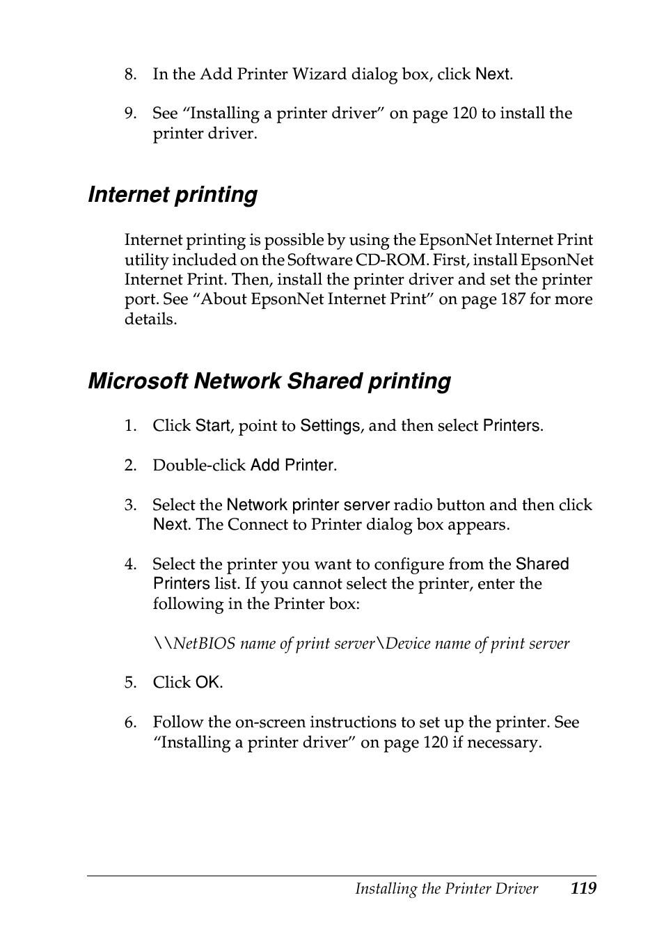 Internet printing, Microsoft network shared printing | Epson EPL-N7000 User Manual | Page 119 / 274