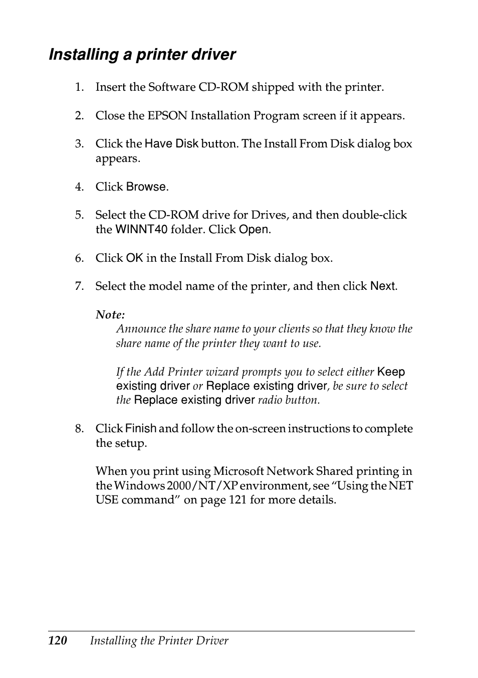 Installing a printer driver | Epson EPL-N7000 User Manual | Page 120 / 274