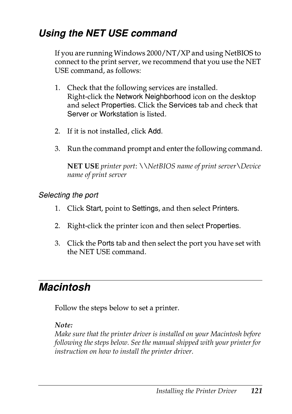 Using the net use command, Macintosh | Epson EPL-N7000 User Manual | Page 121 / 274