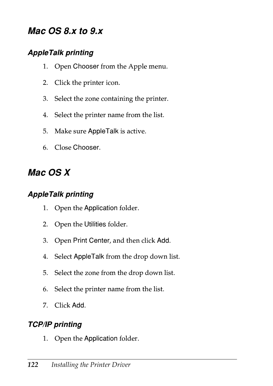 Mac os 8.x to 9.x, Mac os x, Mac os 8.x to 9.x mac os x | Epson EPL-N7000 User Manual | Page 122 / 274