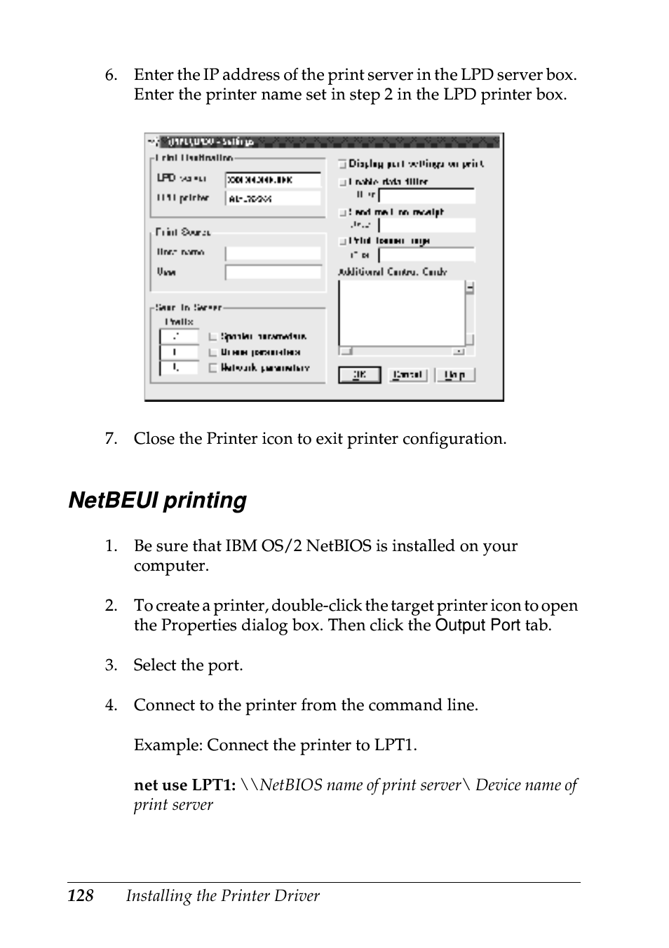 Netbeui printing | Epson EPL-N7000 User Manual | Page 128 / 274