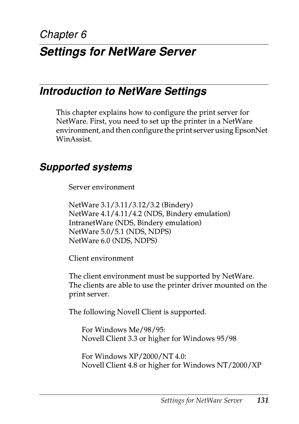 Settings for netware server, Introduction to netware settings, Supported systems | Chapter 6 | Epson EPL-N7000 User Manual | Page 131 / 274