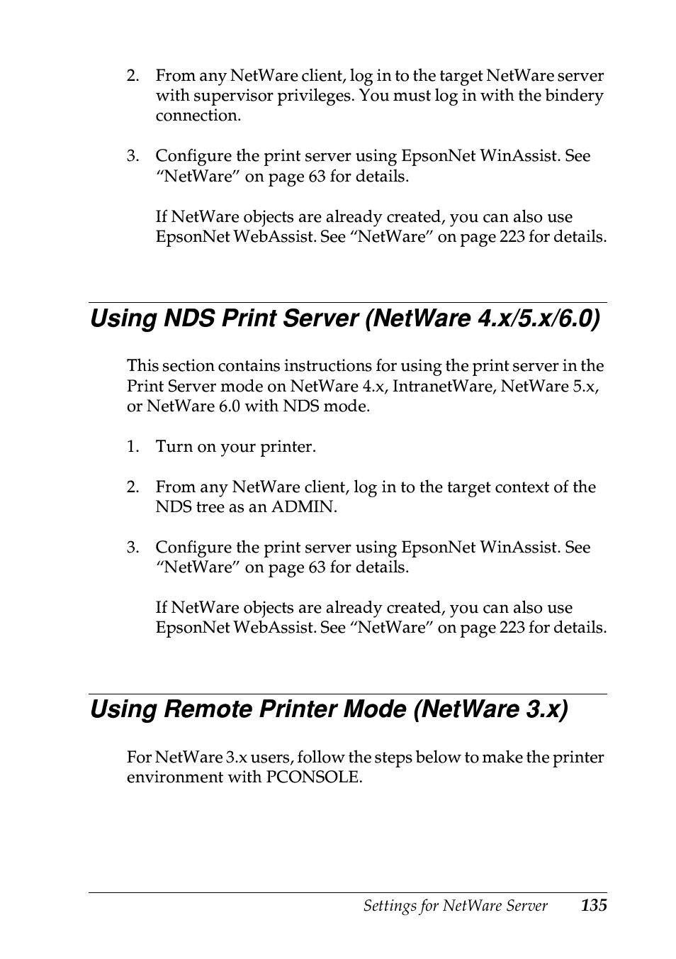 Using nds print server (netware 4.x/5.x/6.0), Using remote printer mode (netware 3.x) | Epson EPL-N7000 User Manual | Page 135 / 274