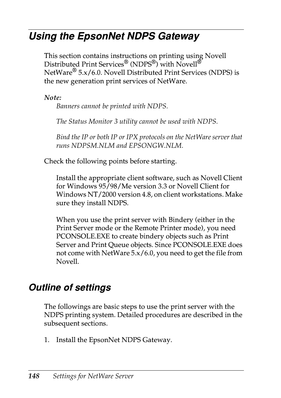 Using the epsonnet ndps gateway, Outline of settings, E. see “using the epsonnet ndps gateway | Epson EPL-N7000 User Manual | Page 148 / 274