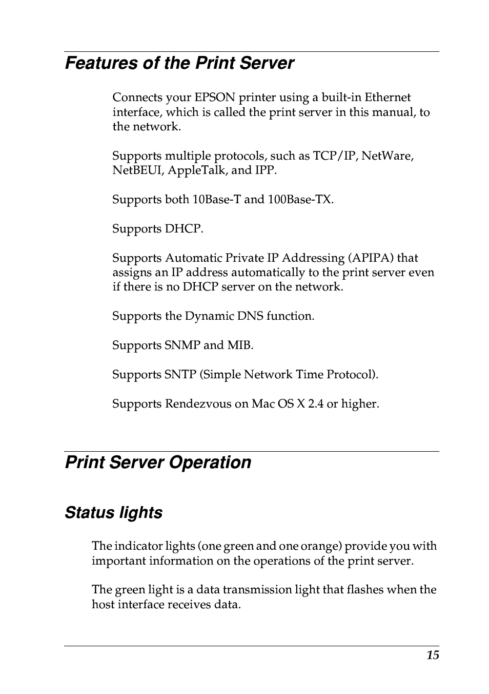 Features of the print server, Print server operation, Status lights | Epson EPL-N7000 User Manual | Page 15 / 274
