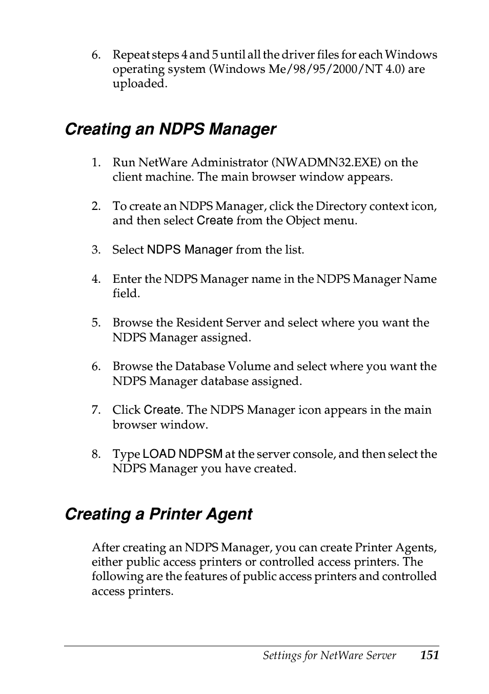 Creating an ndps manager, Creating a printer agent, Creating an ndps manager creating a printer agent | Epson EPL-N7000 User Manual | Page 151 / 274