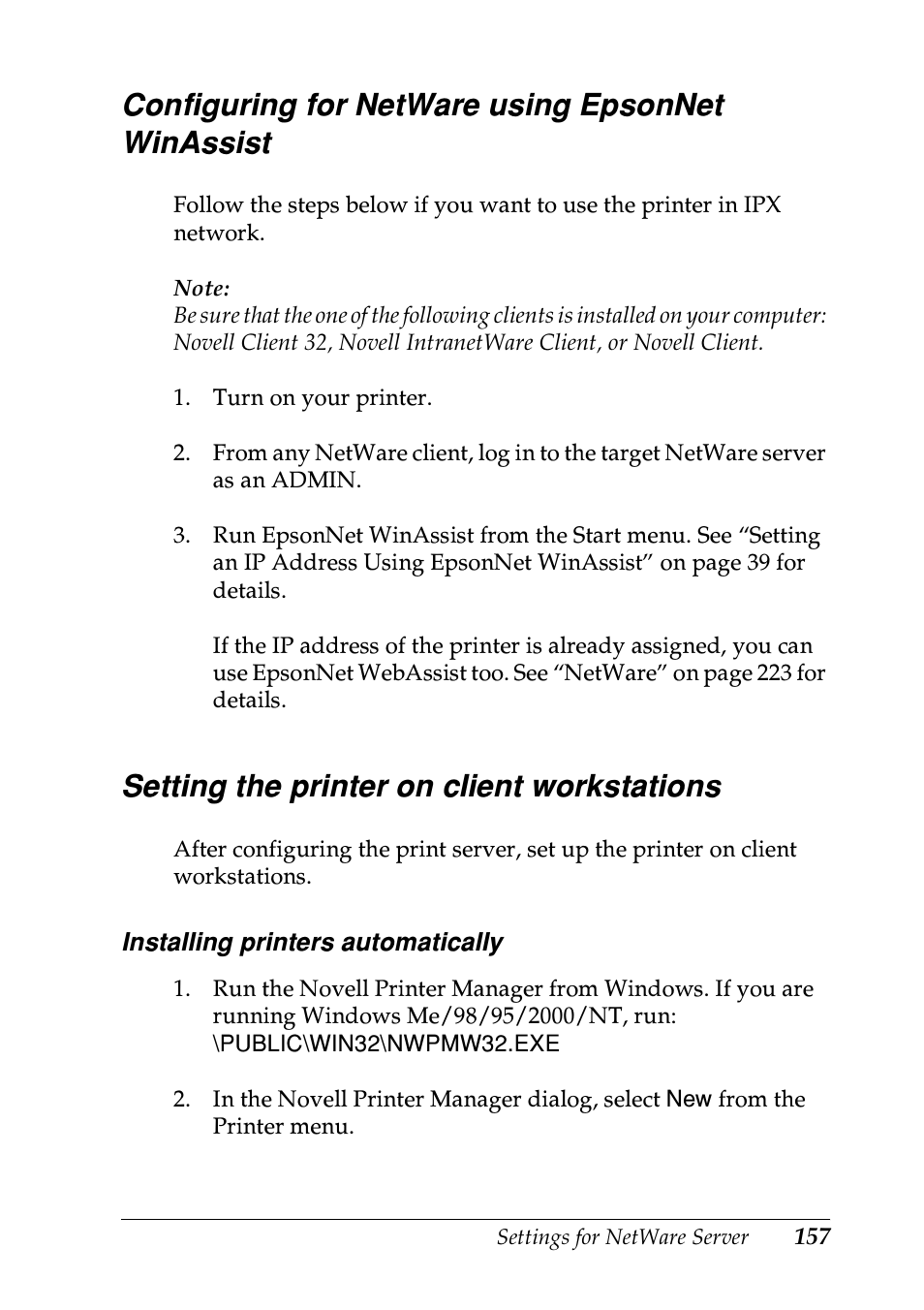 Configuring for netware using epsonnet winassist, Setting the printer on client workstations | Epson EPL-N7000 User Manual | Page 157 / 274