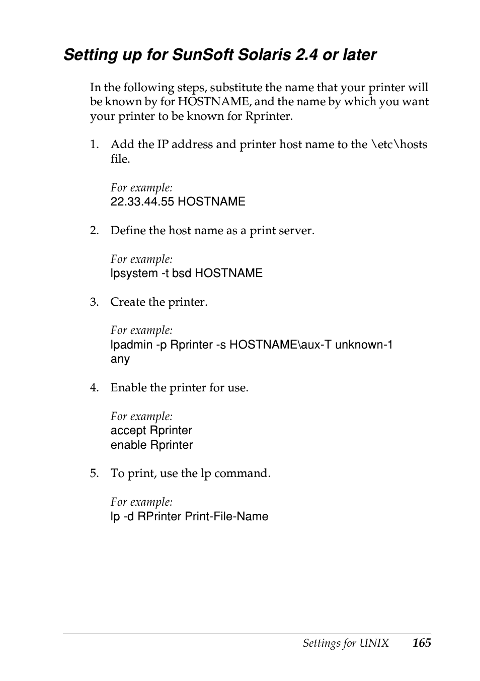 Setting up for sunsoft solaris 2.4 or later | Epson EPL-N7000 User Manual | Page 165 / 274