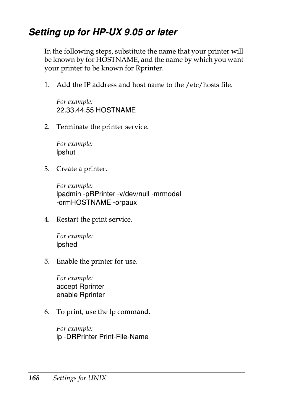 Setting up for hp-ux 9.05 or later | Epson EPL-N7000 User Manual | Page 168 / 274