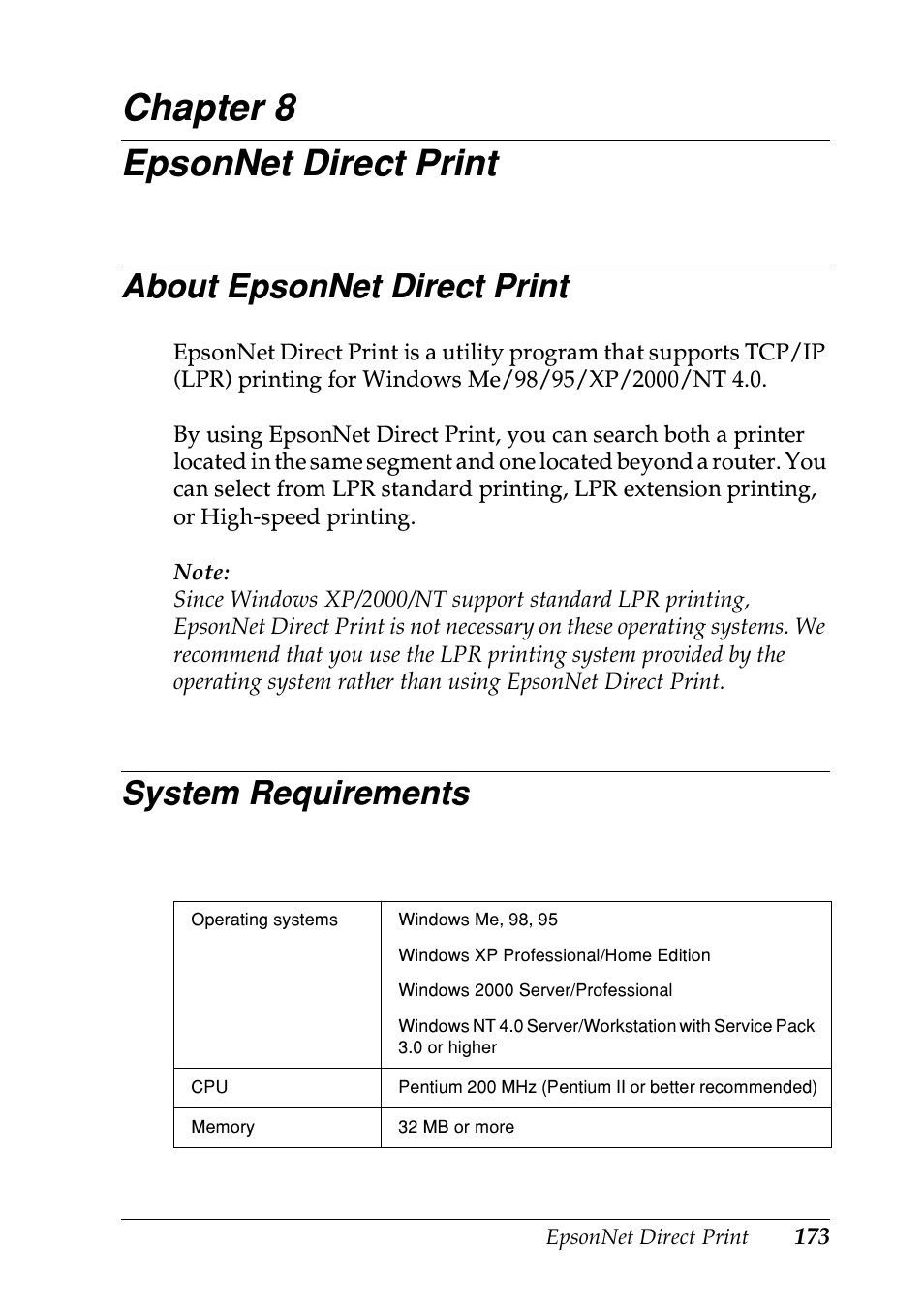 Epsonnet direct print, About epsonnet direct print, System requirements | Chapter 8 e | Epson EPL-N7000 User Manual | Page 173 / 274