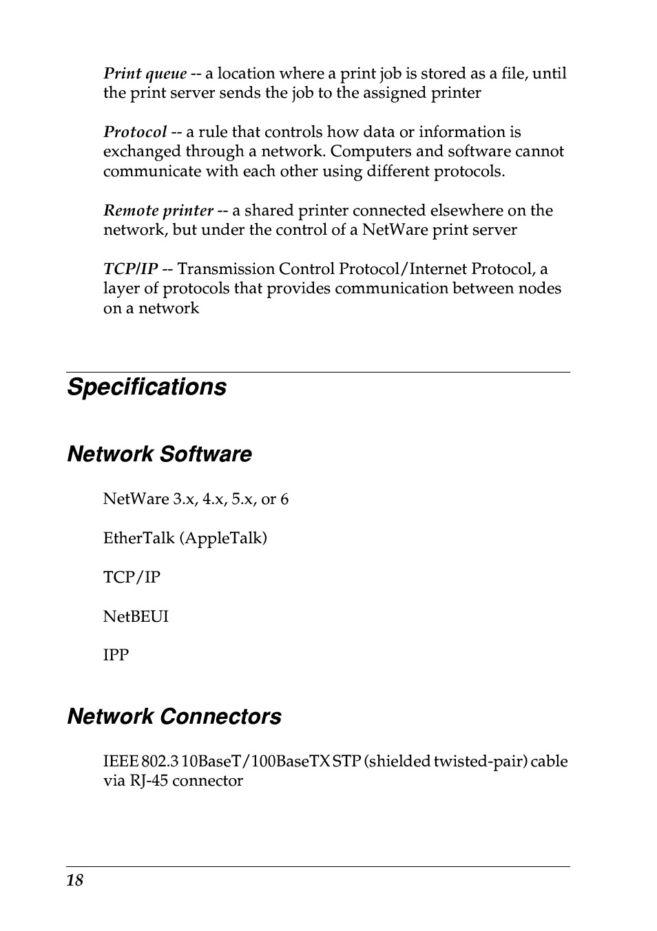Specifications, Network software, Network connectors | Network software network connectors | Epson EPL-N7000 User Manual | Page 18 / 274