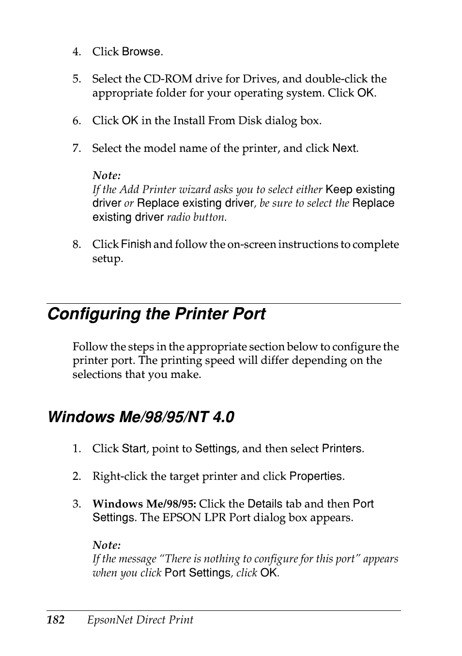 Configuring the printer port, Windows me/98/95/nt 4.0 | Epson EPL-N7000 User Manual | Page 182 / 274