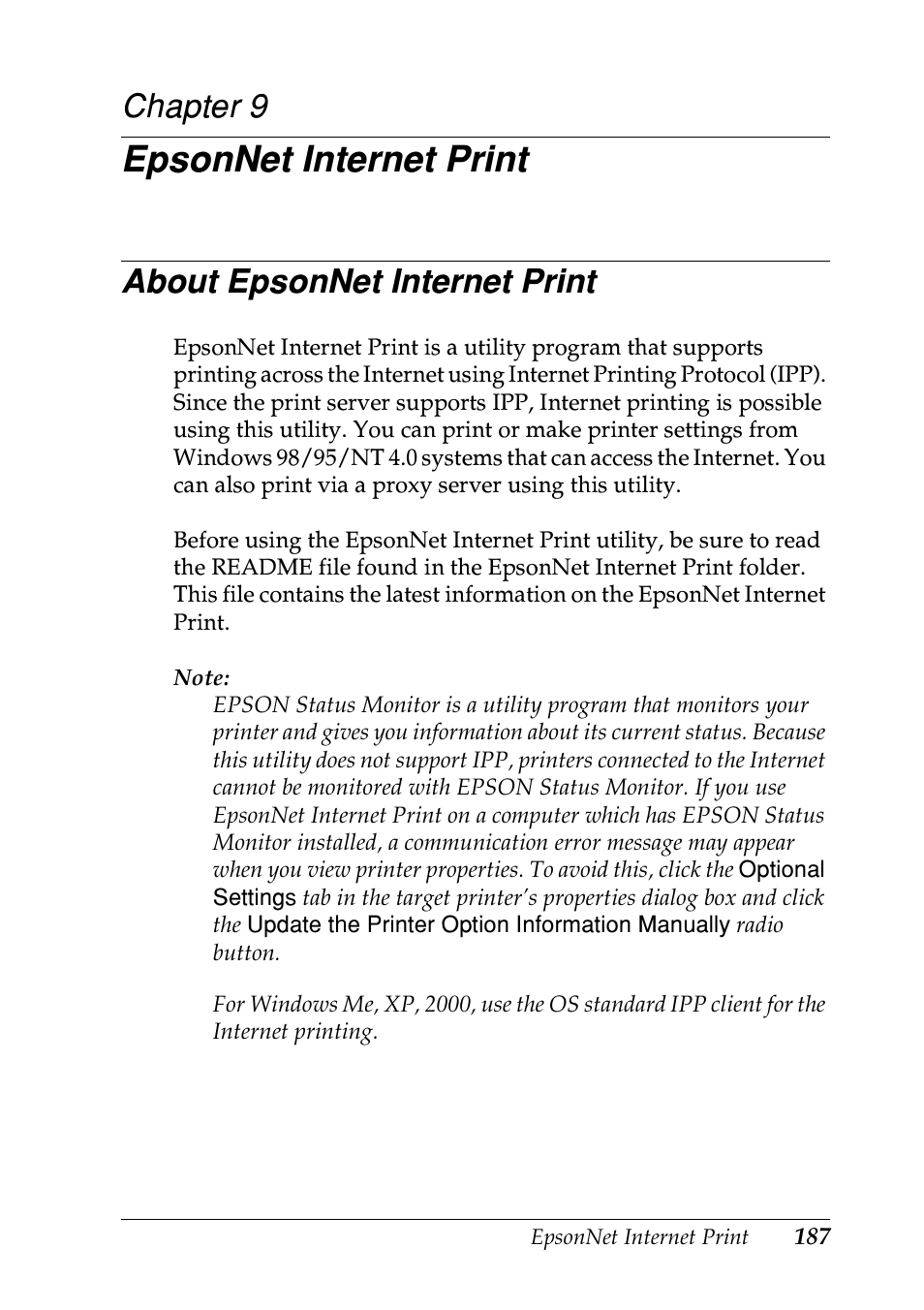 Epsonnet internet print, About epsonnet internet print, Chapter 9 | Ee “about epsonnet internet print | Epson EPL-N7000 User Manual | Page 187 / 274