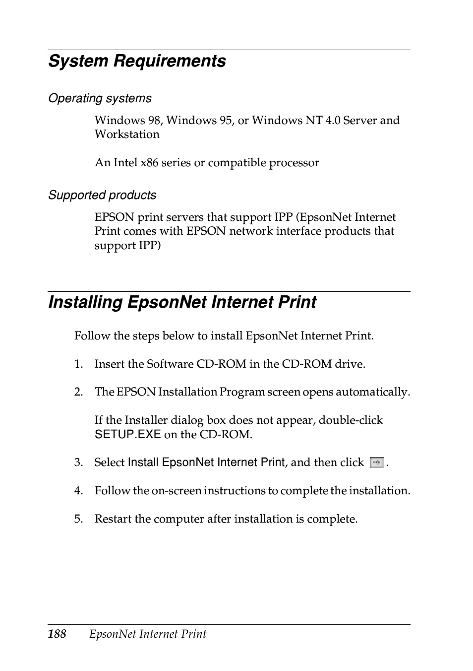 System requirements, Installing epsonnet internet print | Epson EPL-N7000 User Manual | Page 188 / 274