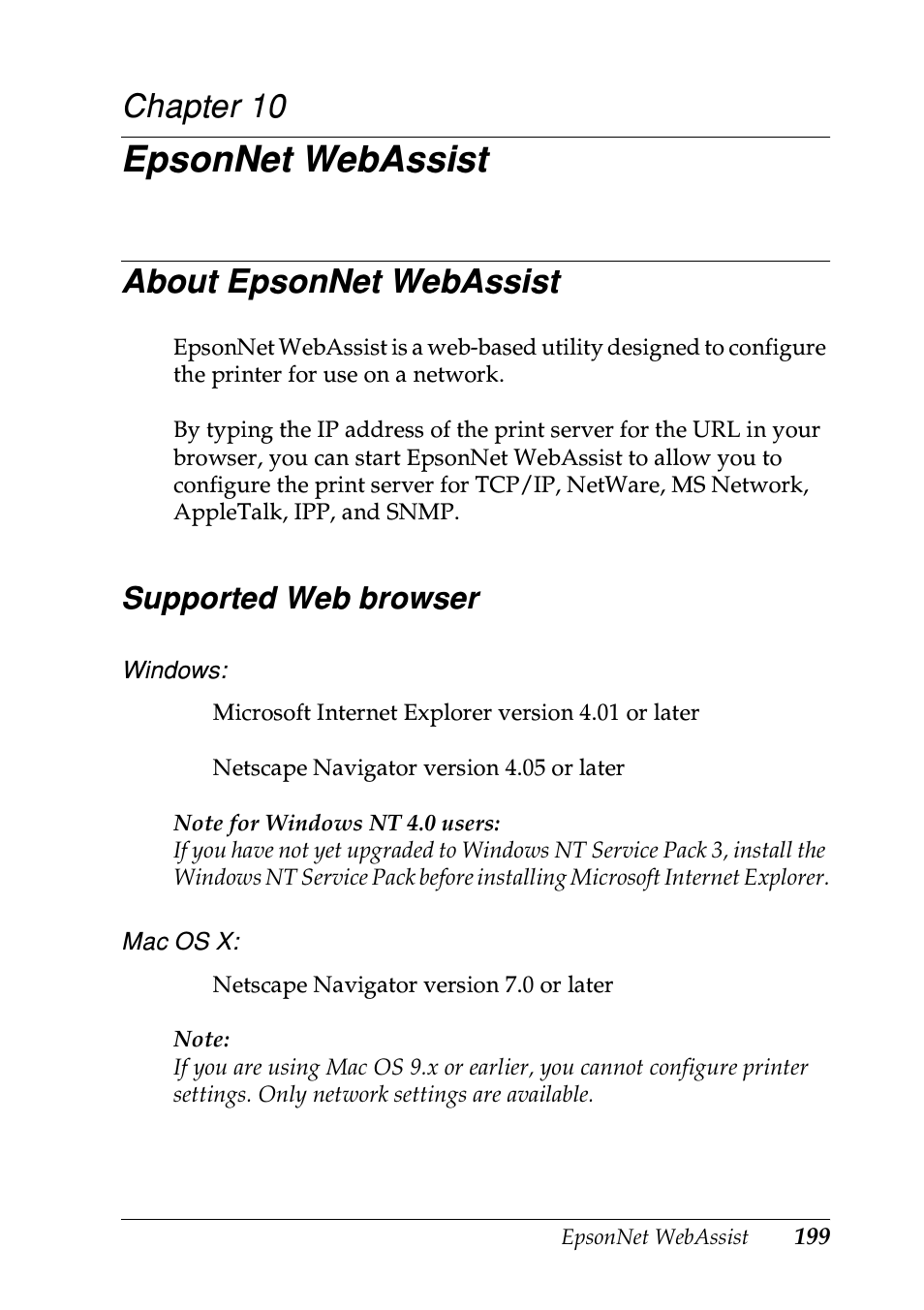 Epsonnet webassist, About epsonnet webassist, Supported web browser | Chapter 10 | Epson EPL-N7000 User Manual | Page 199 / 274