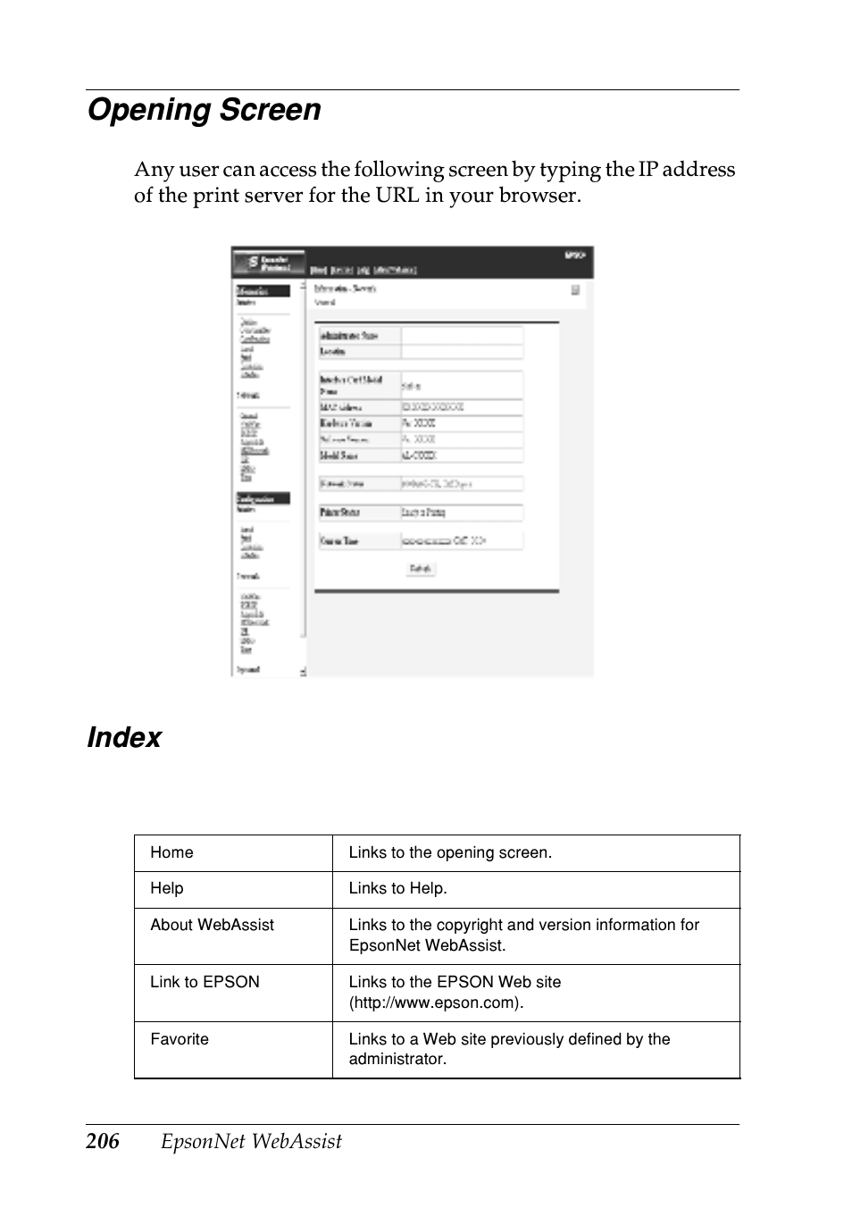Opening screen, Index | Epson EPL-N7000 User Manual | Page 206 / 274