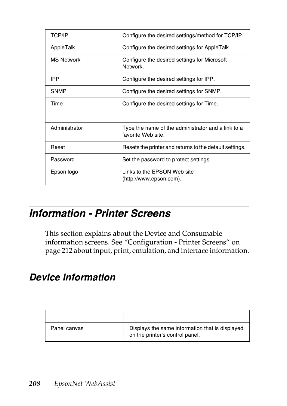 Information - printer screens, Device information, Epsonnet webassist | Epson EPL-N7000 User Manual | Page 208 / 274