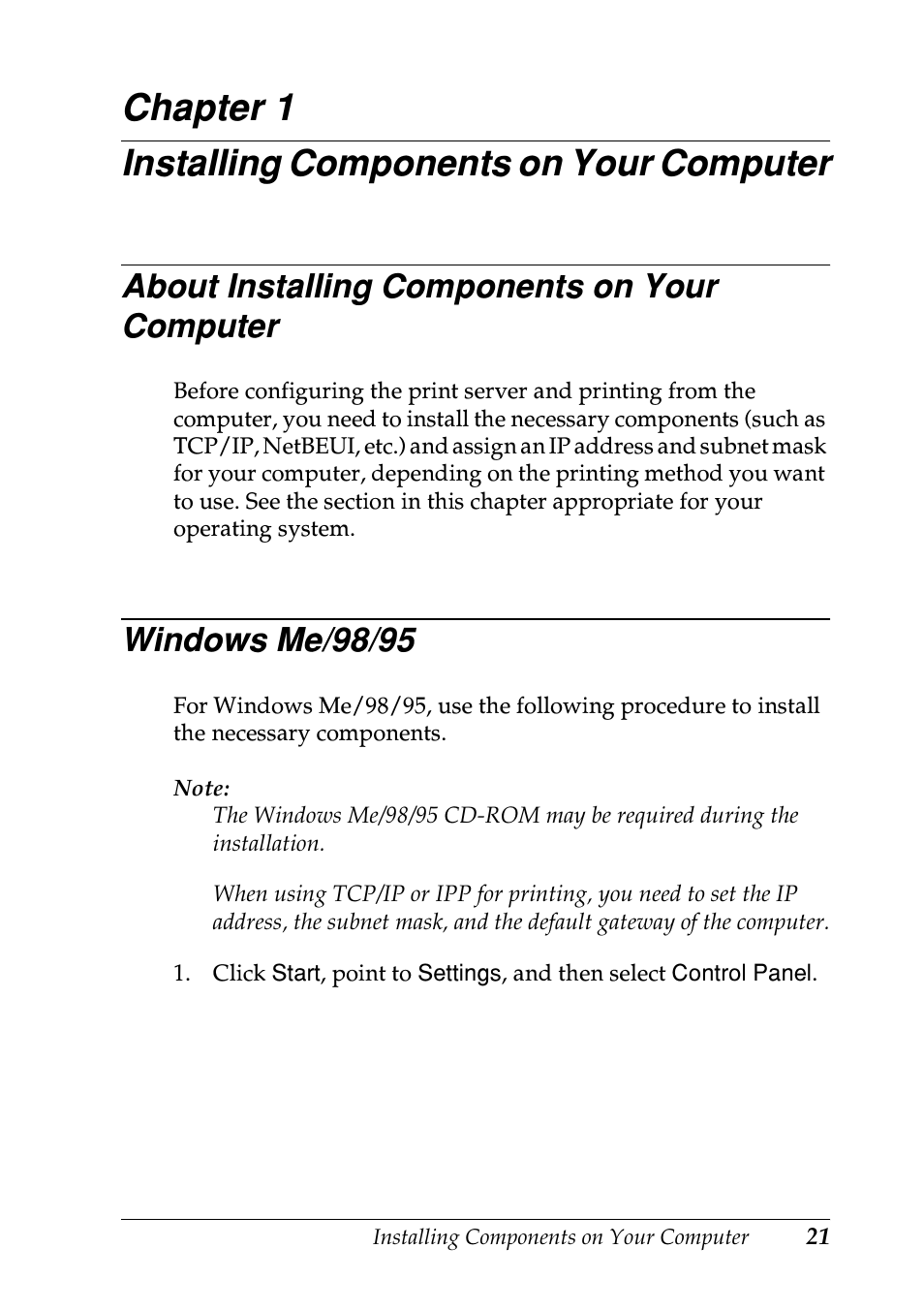 Installing components on your computer, About installing components on your computer, Windows me/98/95 | Chapter 1 | Epson EPL-N7000 User Manual | Page 21 / 274