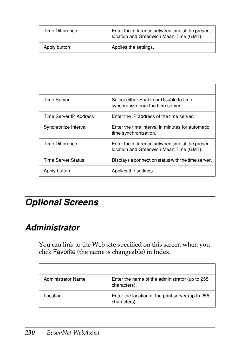 Optional screens, Administrator, Epsonnet webassist time server settings | Epson EPL-N7000 User Manual | Page 230 / 274