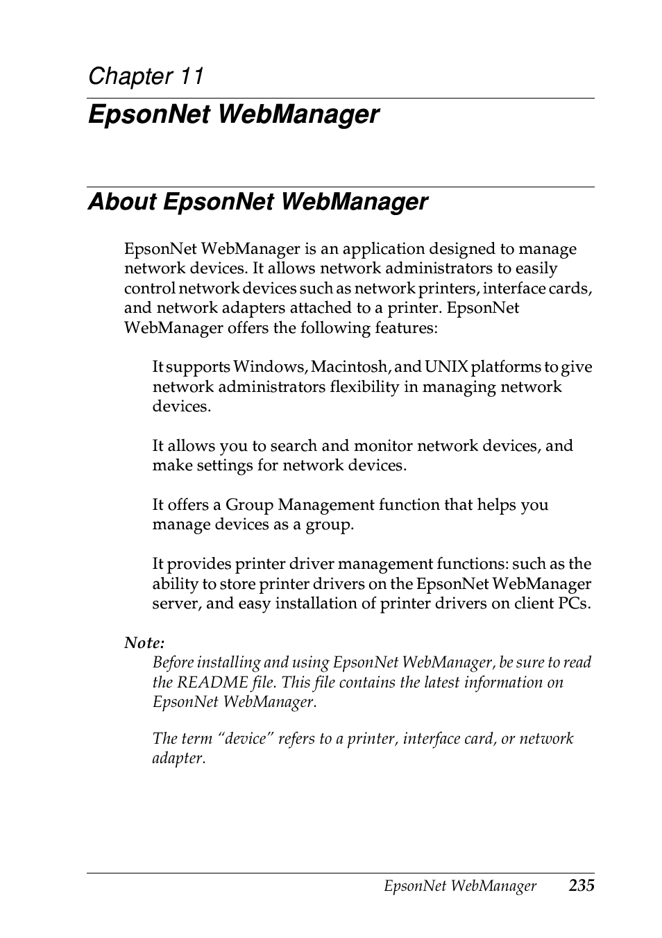 Epsonnet webmanager, About epsonnet webmanager, Chapter 11 | Ee “about epsonnet webmanager | Epson EPL-N7000 User Manual | Page 233 / 274