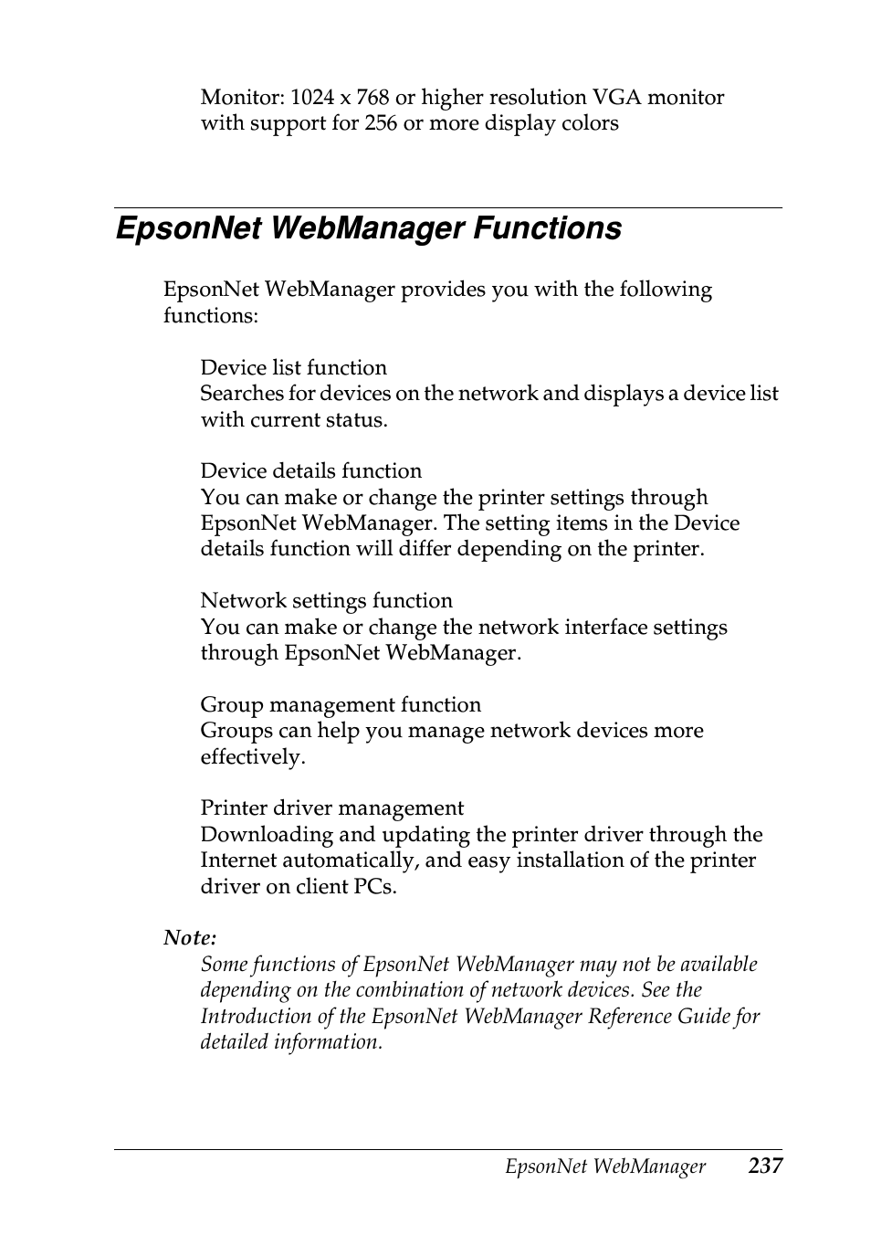 Epsonnet webmanager functions | Epson EPL-N7000 User Manual | Page 235 / 274