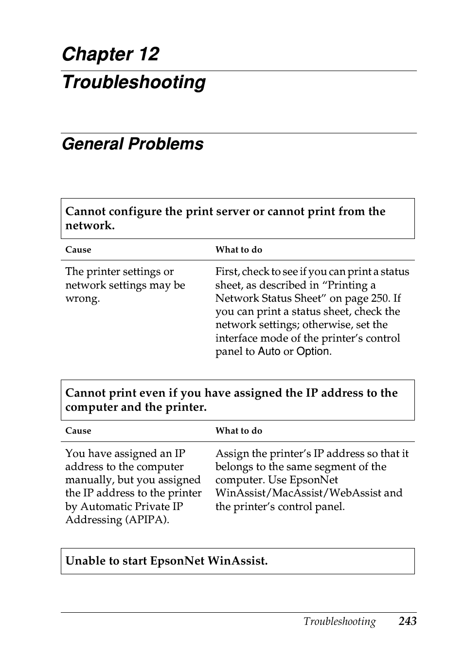 Troubleshooting, General problems, Chapter 12 | Epson EPL-N7000 User Manual | Page 241 / 274