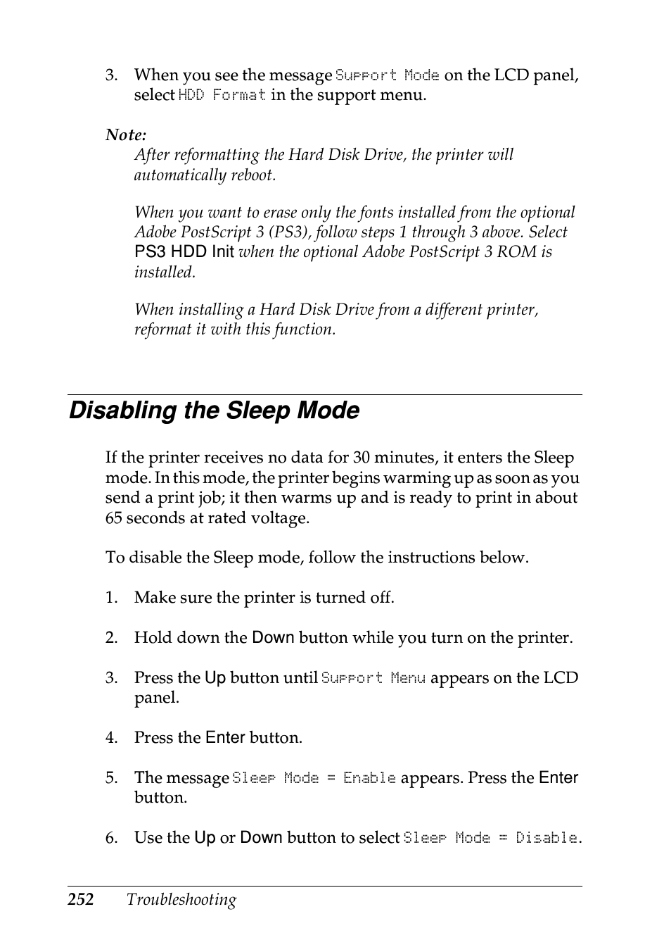 Disabling the sleep mode | Epson EPL-N7000 User Manual | Page 250 / 274